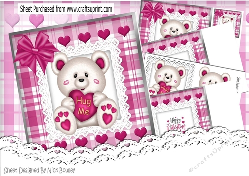 Cute white Hug Me Bear with pink  heart on lace with bow 8x8 mini kit