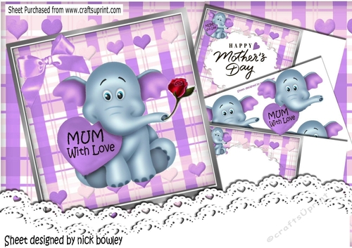 Cute little Ele with purple heart for (MOTHERS DAY) with red rose 8x8 mini kit