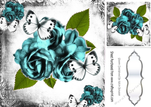 pretty turq rose with white butterflies in black/white mono frame 8x8
