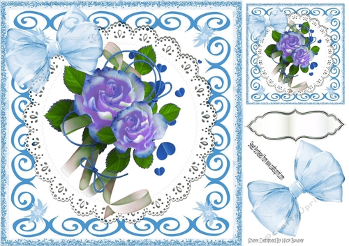 pretty blue flowers on lace in scroll frame 8x8