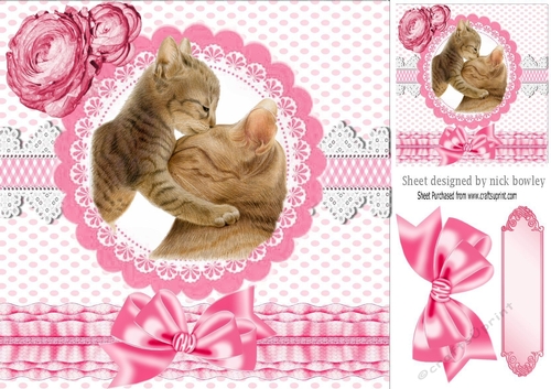 Mum and kitten on lace with pink bow 8x8