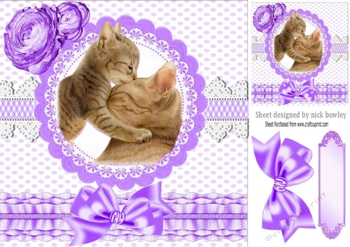 Mum and kitten on lace with purple bow 8x8
