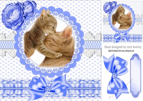 Mum and kitten on lace with blue bow 8x8