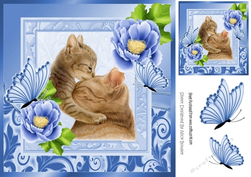 Cute painted mum and kitten with pretty blue flowers 8x8