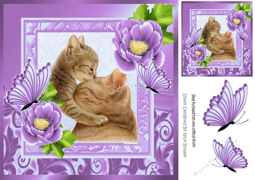Cute painted mum and kitten with pretty lilac flowers 8x8