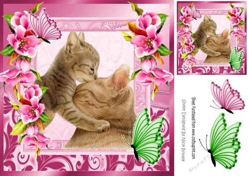 Cute painted mum and kitten with pretty pink flowers 8x8