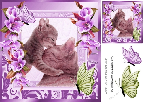 Cute painted mum and kitten with pretty lilac border flowers 8x8