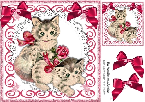 lovely vintage kittens in scroll frame with pink bows 8x8