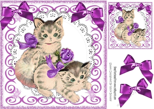 lovely vintage kittens in scroll frame with  purple bows 8x8