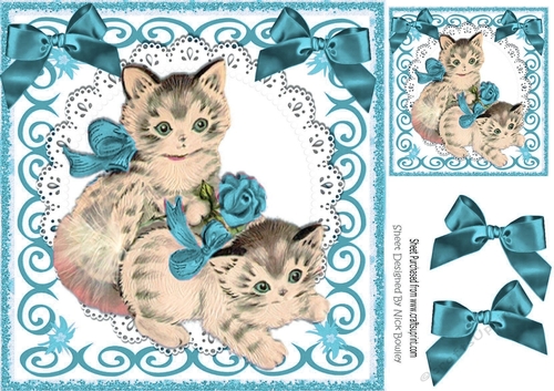 lovely vintage kittens in scroll frame with blue bows 8x8