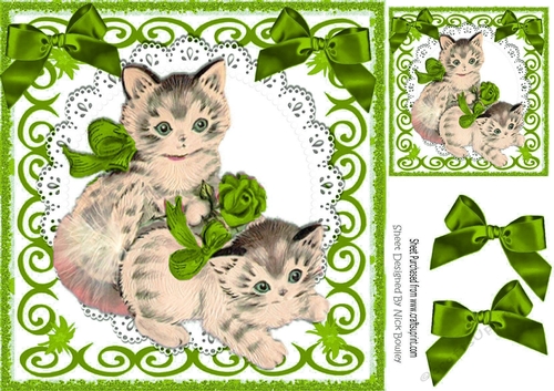 lovely vintage kittens in scroll frame with green bows 8x8