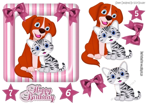 Cute cartoon puppy with kitten in pink stripe frame with bows