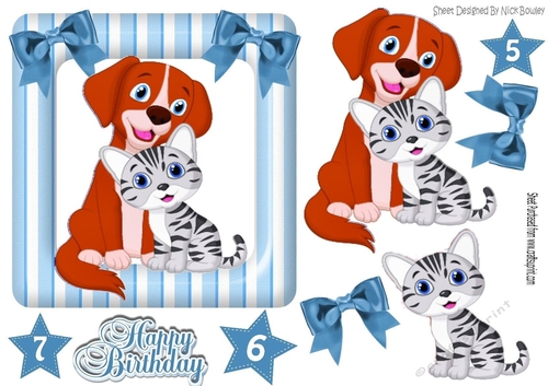 Cute cartoon puppy with kitten in blue stripe frame with bows