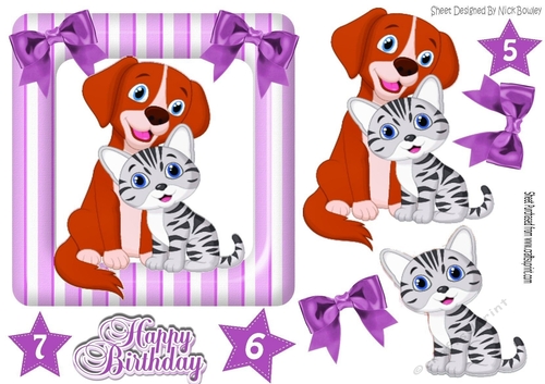Cute cartoon puppy with kitten in purple stripe frame with bows