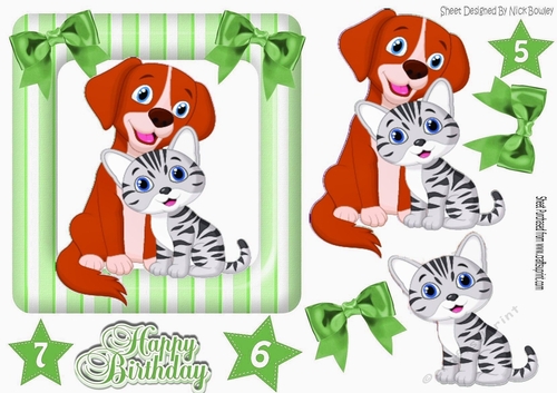 Cute cartoon puppy with kitten in green stripe frame with bows