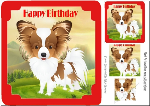Cute Papillon puppy in red frame, with pyramids 8x8