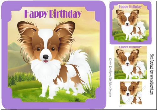 Cute Papillon puppy in purple frame, with pyramids 8x8