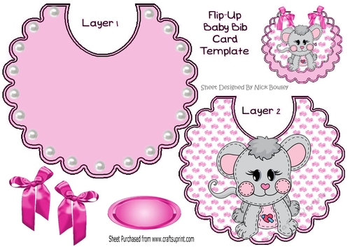 Cute stitched mouse on a flip top bib with pearls and  pink bows 