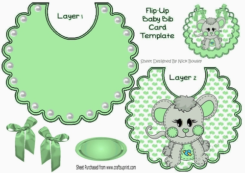 Cute stitched mouse on a flip top bib with pearls and green bows