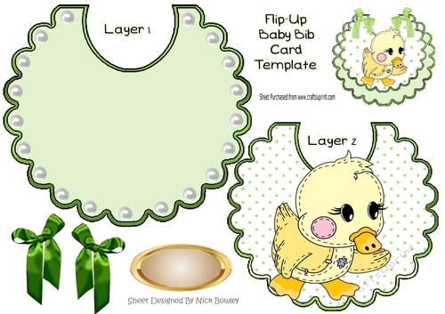 Cute stitched duck on a flip top bib with pearls and green bows