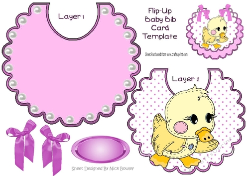 Cute stitched duck on a flip top bib with pearls and lilac bows