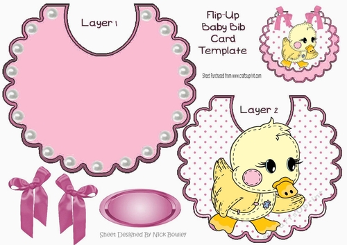 Cute stitched duck on a flip top bib with pearls and pink bows