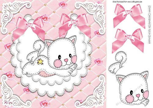 Quilted with roses lace bib with cute kitten & pink bows 8x8