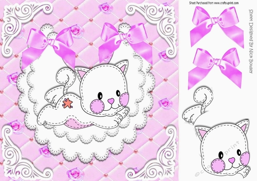 Quilted with roses lace bib with cute kitten & lilac bows 8x8