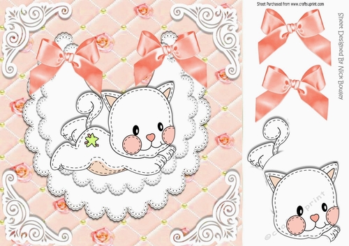 Quilted with roses lace bib with cute kitten & peach bows 8x8