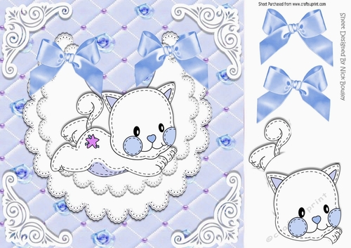 Quilted with roses lace bib with cute kitten & blue bows 8x8