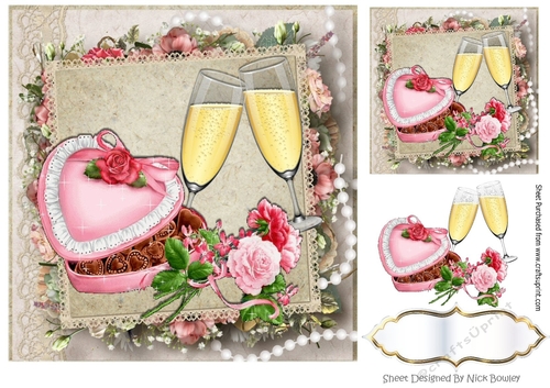 Lovely celebration card front with roses, chocs and champers 8x8