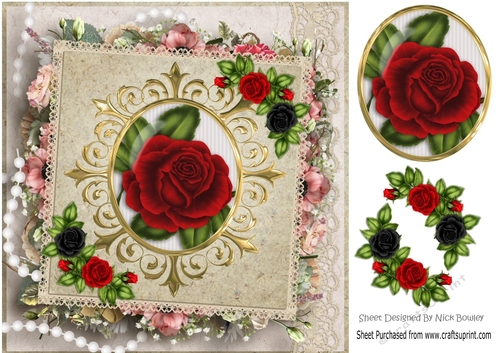 Lovely celebration card front with  red roses, in floral frame 8x8 