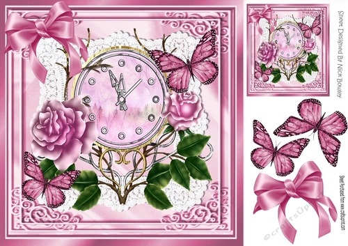 Pretty pink roses with pretty ornate clock and butterflies 8x8