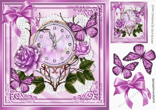 Pretty purple roses with pretty ornate clock and butterflies 8x8