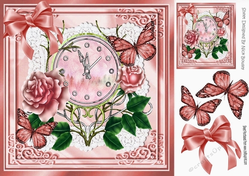 Pretty peach roses with pretty ornate clock and butterflies 8x8