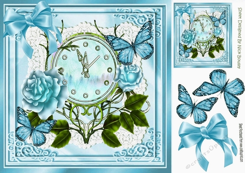 Pretty blue roses with pretty ornate clock and butterflies 8x8