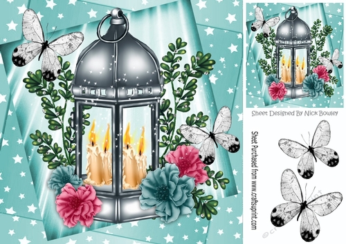 Pretty lantern with candles,flowers, and butterflies 8x8