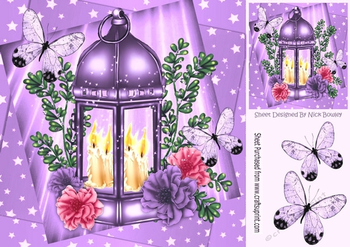 Pretty lantern with candles, lilac flowers, and butterflies 8x8