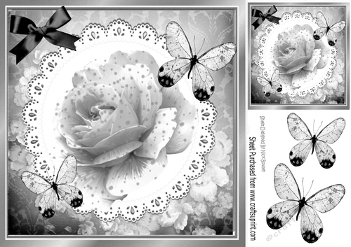 Pretty Monochrome rose with dots on lace, with butterflies 8x8