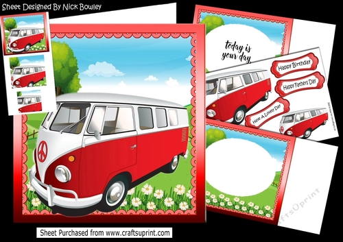 In the sunny meadow, red camper van 8x8 mini kit 