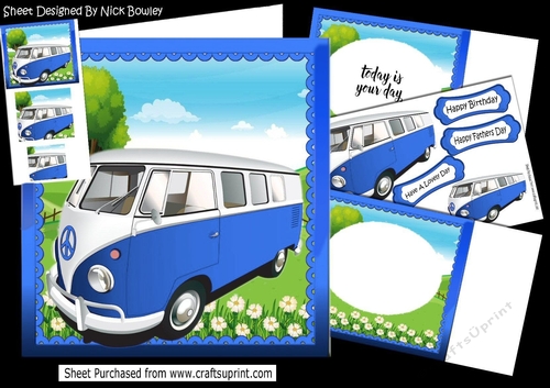 In the sunny meadow, blue camper van 8x8 mini kit