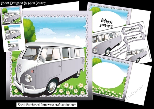 In the sunny meadow, silver camper van 8x8 mini kit