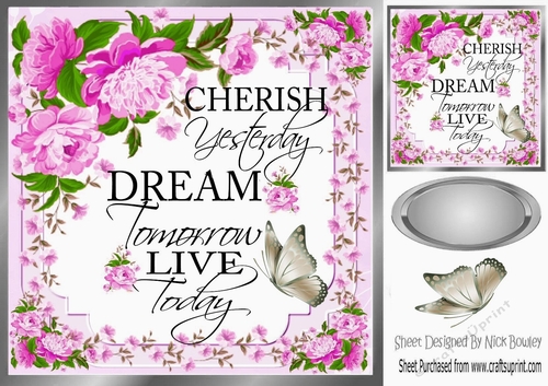 Cherish the day! with sentiment, butterflies and lilac flowers card front 8x8