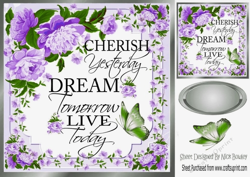 Cherish the day! with sentiment, butterflies and purple flowers card front 8x8