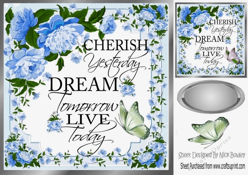Cherish the day! with sentiment, butterflies and blue flowers card front 8x8