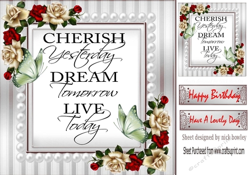Cherish the day! butterflies and red/cream roses & pearls card front 8x8