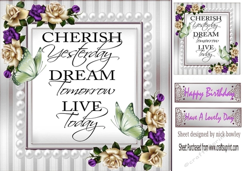 Cherish the day! butterflies and purple/cream roses & pearls card front 8x8