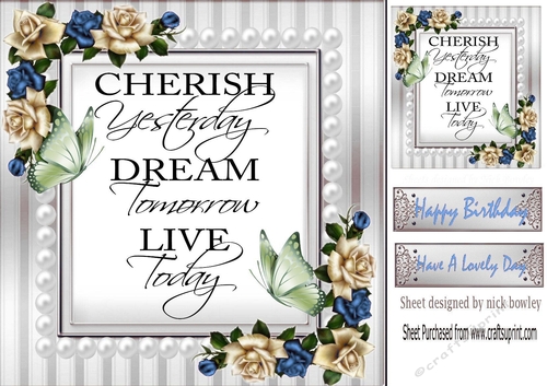 Cherish the day! butterflies and blue/cream roses & pearls card front 8x8