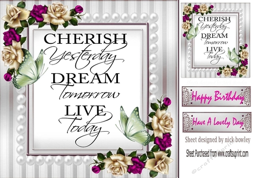 Cherish the day! butterflies and cerise/cream roses & pearls card front 8x8