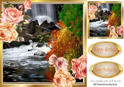 Pretty scene of a  waterfall with peach/pink roses 8x8